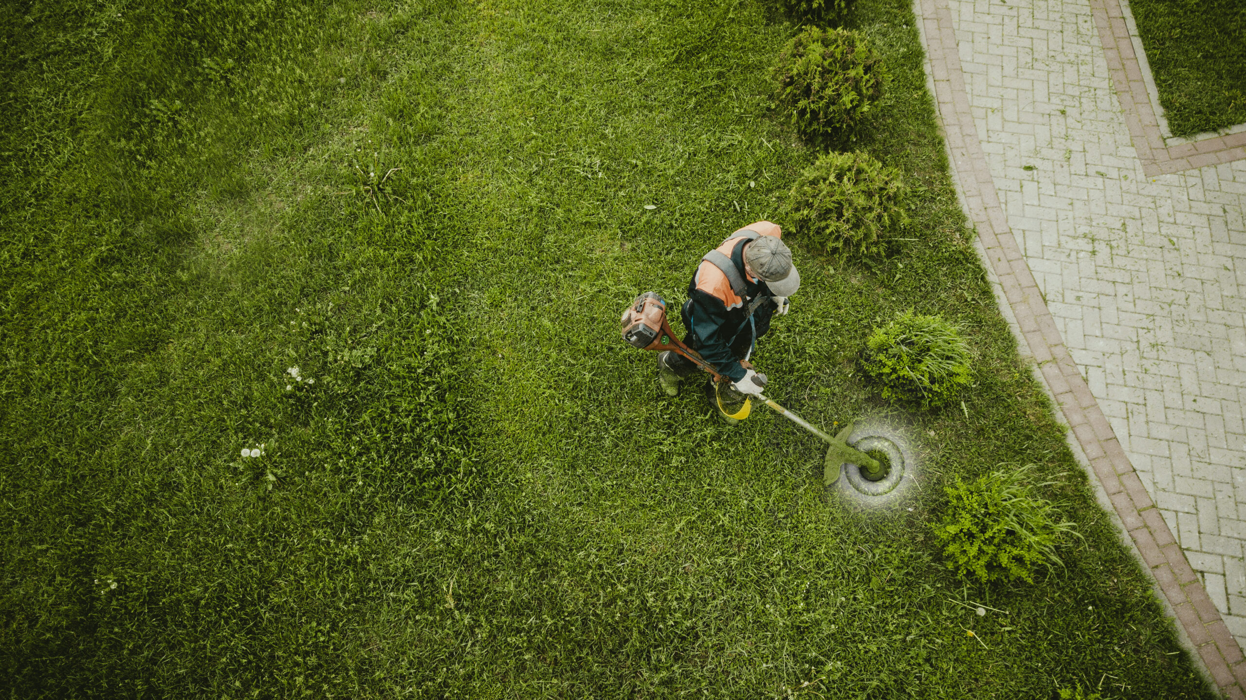 Gartenarbeiter trimmt Rasenfläche von Martens Services